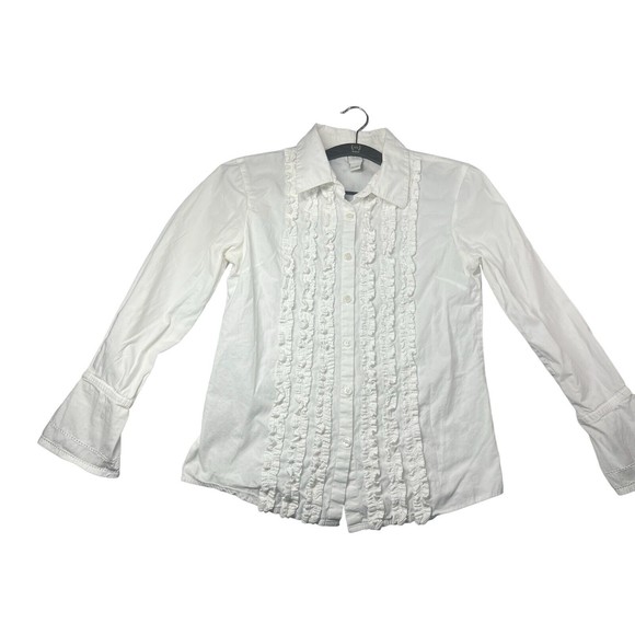 Garnet Hill White Ruffle Collar Button Down Blouse womens size 02 - Picture 1 of 9